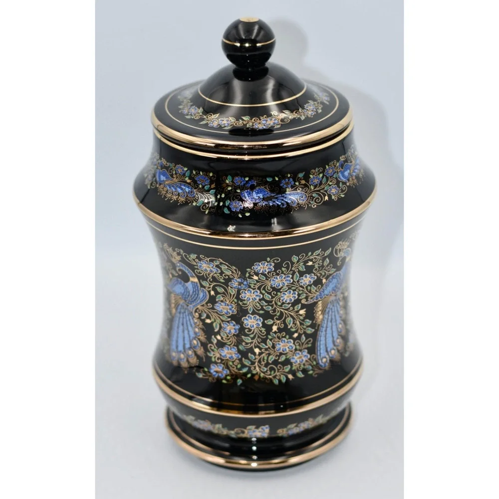 Anapale Greece Back Lidded Canister Jar 24k Gilded Hand Painted Peacock Birds